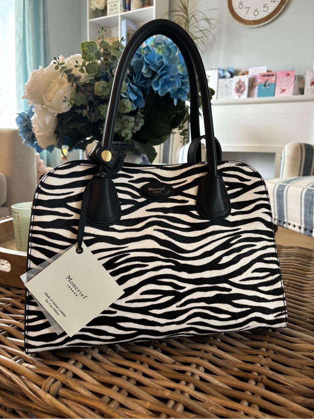 Moncrief ‘Bernie’ genuine leather Zebra-Print Satchel Handbag — Black & White